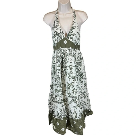 Y2k hippie floral summer midi dress halter neck green cream boho 100% cotton Med - Picture 1 of 9